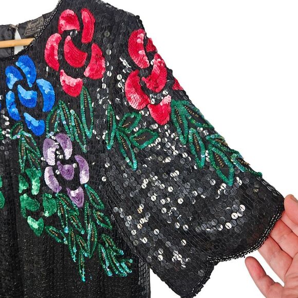 ROYAL FEELINGS Vtg Silk Sequin Evening Blouse Top Jewel Tone Floral Large Unique - Picture 2 of 11